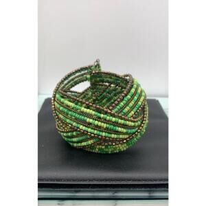 Handmade Braided Seed Bead Greens & Gold Cuff Memory Wire Cuff Bracelet Boho